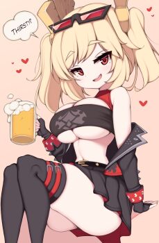 1girl alcohol bare_shoulders beer beer_mug belt black_bra black_gloves black_jacket black_skirt black_thighhighs blonde_hair blush bra breasts burnice_white cleavage english_text fingerless_gloves glasses glasses_on_head gloves hair_ornament heart jacket large_breasts mug navel off-shoulder_jacket off_shoulder open_mouth red-framed_eyewear red_eyes simple_background skirt smile solo speech_bubble thick_thighs thigh_belt thigh_strap thighhighs thighs twintails type_moll underboob underwear zenless_zone_zero