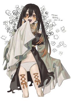 Rule 34 | 1girl, absurdres, amo empool, brown dress, brown hair, colored tips, corset piercing, detached sleeves, dress, flower, gachiakuta, highres, long hair, looking at viewer, multicolored hair, navel, open clothes, open dress, open mouth, orange eyes, orange hair, orange ribbon, ribbon, smile, solo, supako, white sleeves