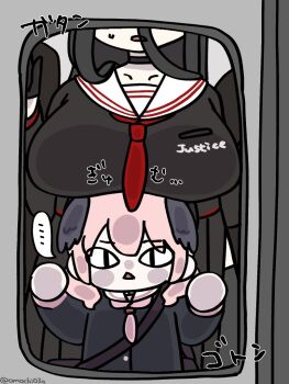 ... 2girls against_glass animal_ears black_wings blue_archive breast_rest breasts breasts_on_head cat_ears chibi choker feathered_wings hair_between_eyes hasumi_(blue_archive) head_wings height_difference koharu_(blue_archive) large_breasts long_hair multiple_girls omochi03o pink_hair school_uniform serafuku spoken_ellipsis train twintails wings