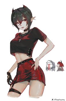 Rule 34 | 1other, 2girls, absurdres, arknights, black choker, black hair, black shirt, blood, chibi, choker, commentary, cosplay, crop top, crop top overhang, cropped legs, doctor (arknights), entelechia (arknights), highres, hood, midriff, miniskirt, mole, mole under eye, multiple girls, navel, parted lips, pencil skirt, pointy ears, pointy hair, red eyes, red hair, red skirt, shirt, short hair, short sleeves, simple background, skirt, standing, stomach, surtr (arknights), surtr (arknights) (cosplay), surtr (liberte echec) (arknights), thighs, tometome1342, white background