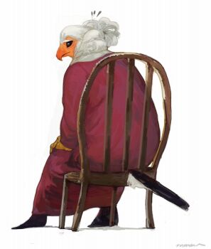 1girl bird_girl chair commentary_request feathers full_body furry furry_female looking_at_viewer looking_back nagabe original simple_background sitting solo tail white_background white_feathers white_hair