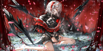 absurdres antenna_hair arknights barefoot belt black_shorts black_tube_top bound_tail demon_girl demon_horns demon_tail field flower flower_field full_body grey_belt grey_hair highres horns jacket liuyunnnn orange_eyes red_horns red_jacket shorts sitting strapless tail thigh_belt thigh_strap tube_top w_(arknights) wis'adel_(arknights)