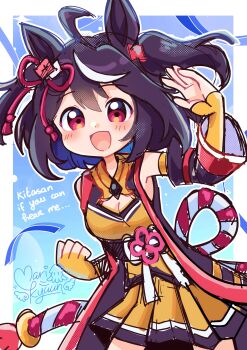 1girl absurdres ahoge animal_ears black_gem black_hair blush bow breasts chanchanko_(clothes) cleavage cleavage_cutout clothing_cutout commentary detached_sleeves ear_ribbon english_commentary english_text gem hair_between_eyes highres horse_ears horse_girl kitasan_black_(crowning_ooban)_(umamusume) kitasan_black_(umamusume) kouhaku_nawa looking_at_viewer marikyuunn multicolored_hair open_mouth red_eyes rope shimenawa smile solo streaked_hair umamusume white_hair