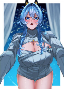Rule 34 | 1girl, amazora cakel, anchor ornament, blue eyes, blue hair, blush, breasts, cleavage, commentary request, goddess of victory: nikke, hair intakes, helm (nikke), highres, large breasts, long hair, looking at viewer, no pants, open-chest sweater, ponytail, solo, sweater, thighs