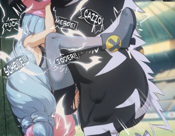 1girl animal_penis bestiality blue_hair bodysuit boots breasts butterchalk commentary english_commentary english_text french_text gen_5_pokemon german_text grey_bodysuit grey_boots hetero highres horse horse_penis iono_(pokemon) italian_text long_hair multicolored_hair nintendo penis pink_hair pokemon pokemon_(creature) pokemon_sv pokephilia sex small_breasts spanish_text split-color_hair teeth torn_bodysuit torn_clothes translation_request uncensored vaginal very_long_hair zebstrika