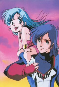 Rule 34 | 1980s (style), 1boy, 1girl, ankle grab, blue eyes, blue hair, bodysuit, boots, choujikuu seiki orguss, day, gloves, hands on own knees, katsuragi kei, light smile, long hair, mikimoto haruhiko, mome (orguss), non-web source, official art, oldschool, open mouth, red gloves, retro artstyle, scan, sky, teeth, turtleneck, upper teeth only, white boots