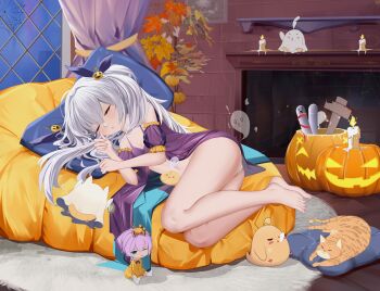 2girls 52at @_@ absurdres alternate_costume autumn_leaves azur_lane barefoot candle cat chinese_commentary closed_eyes commentary_request detached_sleeves feet fireplace food-themed_hair_ornament ghost ghost_costume green_eyes hair_between_eyes hair_ornament halloween halloween_bucket highres holding holding_lantern indoors javelin_(azur_lane) laffey_(azur_lane) lantern leaf lying manjuu_(azur_lane) multiple_girls nightgown on_side orange_cat panties pantyshot pillow puffy_short_sleeves puffy_sleeves pumpkin_hair_ornament purple_nightgown short_sleeves silk sleeping socks spider_web twintails underwear white_hair white_panties white_socks window