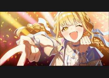 1girl blonde_hair concert fujita_kotone gakuen_idolmaster highres idolmaster nyum one_eye_closed solo sweat v yellow_eyes
