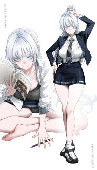 1girl absurdres alternate_costume blue_eyes bucho_sama colored_eyelashes commentary english_commentary goddess_of_victory:_nikke highres looking_at_viewer mixed-language_commentary nayuta_(nikke) school_uniform simple_background thick_eyelashes unusually_open_eyes white_background white_eyelashes
