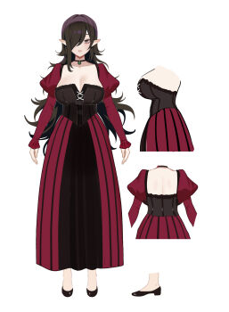 1girl absurdres black_hair breasts brown_eyes cleavage dress elf full_body hair_over_one_eye highres jewelry juliet_sleeves large_breasts long_sleeves looking_at_viewer multiple_views necklace original parted_lips pointy_ears puffy_sleeves red_dress reference_sheet sencha_bashira simple_background white_background