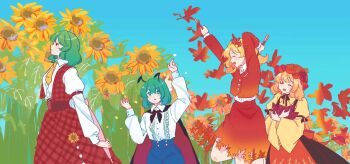 Rule 34 | 4girls, aki minoriko, aki shizuha, blonde hair, blue sky, field, flower, flower field, green hair, highres, kazami yuuka, leaf, maple leaf, medium hair, multiple girls, sagasaga, sky, sunflower, sunflower field, touhou, wriggle nightbug, yellow flower