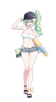 1girl absurdres bare_shoulders bikini black_hat black_sandals breasts charachan900 full_body green_hair hair_between_eyes hand_up hat highres holding holding_water_gun long_hair looking_at_viewer navel one_eye_closed open_mouth ponytail sandals short_shorts shorts simple_background smile solo standing stellive stomach swimsuit teeth thighs upper_teeth_only virtual_youtuber water_gun white_background yuzuha_riko
