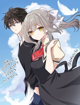 Rule 34 | 10ko2130, 1boy, 1girl, air (visual novel), alternate costume, black dress, black hair, black shirt, blue sky, bow, cosplay, dan heng (honkai: star rail), dress, dutch angle, grey hair, hair bow, hand in pocket, highres, honkai: star rail, honkai (series), kamio misuzu, kamio misuzu (cosplay), kunisaki yukito, kunisaki yukito (cosplay), long hair, ponytail, puffy short sleeves, puffy sleeves, school uniform, shirt, short sleeves, sky, stelle (honkai: star rail), trailblazer (honkai: star rail), translation request, twitter username, white bow, yellow eyes