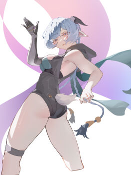 1girl 2 absurdres animal_ears ass black_horns black_unitard blue_hair braid breasts chinese_commentary cleavage commentary cropped_legs from_side goat_ears goat_girl goat_horns goat_tail highres hood horizontal_pupils horns knee_strap legs_apart long_hair lucia_elowen medium_breasts open_mouth pointy_ears short_tail single_bare_shoulder single_sleeve solo sumi_momo tail twin_braids waving white_background yellow_eyes zenless_zone_zero