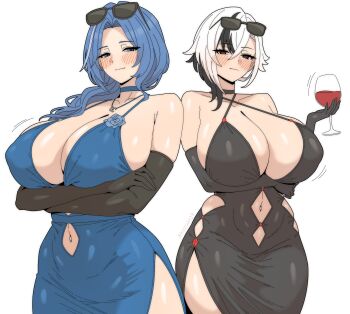 2girls absurdres akazuan_19 alcohol alternate_breast_size_(larger) alternate_costume arlecchino_(genshin_impact) arm_under_breasts arms_under_breasts asymmetrical_bangs asymmetrical_hair black-framed_eyewear black_choker black_dress black_gloves black_hair black_sclera blue_choker blue_dress blue_eyes blue_hair blush breasts choker cleavage closed_mouth clothing_cutout colored_sclera commentary cowboy_shot criss-cross_halter crossed_arms crossed_bangs crossover cup curtained_hair curvy cutout_below_navel diamond_cutout dp-12_(girls'_frontline) dress drinking_glass elbow_gloves english_commentary evening_gown eyewear_on_head forehead genshin_impact girls'_frontline girls'_frontline_2:_exilium gloves hair_between_eyes hair_over_shoulder half-closed_eyes halter_dress halterneck helen_(girls'_frontline_2) helen_(starlit_waltz)_(girls'_frontline_2) highres holding holding_cup huge_breasts looking_at_viewer medium_hair multicolored_hair multiple_girls navel navel_cutout official_alternate_costume parted_bangs red_pupils red_wine short_hair side_cutout side_slit simple_background sleeveless sleeveless_dress smile spaghetti_strap standing streaked_hair sunglasses symbol-shaped_pupils two-tone_hair white_background white_hair wine wine_glass x-shaped_pupils