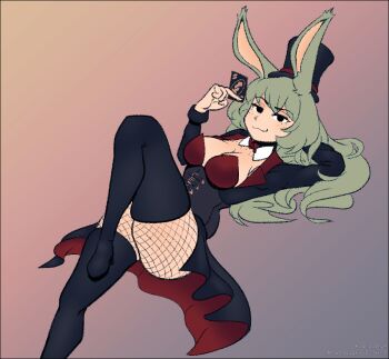 1girl bionicobot bow bowtie breasts card cleavage commission commissioner_upload corset fishnet_pantyhose fishnets freckles freckles_on_breasts fren_dorinda green_hair hat holding holding_card large_breasts long_hair looking_at_viewer lying on_back pantyhose rabbit_ears rabbit_girl rabbit_tail top_hat uno_(game) uno_reverse_card