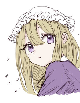 Rule 34 | 1girl, blonde hair, collared dress, contrast collar, dress, hair between eyes, hat, kashiwada kiiho, long hair, maribel hearn, mob cap, purple dress, purple eyes, simple background, solo, touhou, white background, white hat