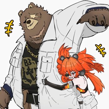 1boy 1girl ahoge animal_ears bara bare_shoulders bear_boy bear_ears ben_bigger black_gloves breasts brown_fur chain chain_necklace commentary_request crop_top eyepatch fake_animal_ears fingerless_gloves furry furry_male gloves hair_between_eyes hair_ornament highres iamrogk jacket jewelry koleda_belobog long_hair male_focus navel necklace red_eyes red_hair scar scar_across_eye scar_on_face simple_background sphere_hair_ornament twintails zenless_zone_zero