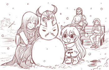 2boys 2girls ^_^ alternate_costume animal_ears armor ashe_(league_of_legends) bench blush boots cape clothes closed_eyes green_dew helmet kneeling league_of_legends long_hair lulu_(league_of_legends) monochrome multiple_boys multiple_girls scarf sitting smile snow snowing snowman teemo thighhighs tryndamere varus white_hair winter_clothes yordle