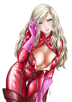 1girl albyee blonde_hair blue_eyes bodysuit breasts commentary commission english_commentary hair_down hair_ornament hairclip large_breasts leaning_forward long_hair looking_at_viewer panther_(persona_5) parted_lips partially_unzipped persona persona_5 red_bodysuit simple_background solo takamaki_anne thigh_gap wavy_hair white_background zipper zipper_pull_tab