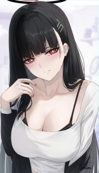 1girl absurdres black_hair black_jacket blue_archive blush breasts cleavage hair_ornament hairclip halo highres jacket large_breasts long_hair long_sleeves looking_at_viewer off_shoulder red_eyes rio_(blue_archive) shirt solo white_shirt yamikyon