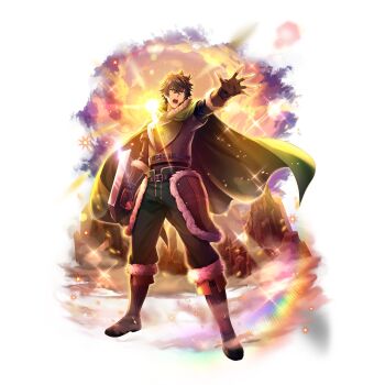 1boy ankle_boots arm_up armor armored_boots artist_request belt black_belt black_hair black_shirt boots breastplate brown_boots brown_shirt cloak cloud cloudy_sky fingerless_gloves floating_cape full_body fur-trimmed_armor fur-trimmed_boots fur-trimmed_gloves fur-trimmed_hood fur_trim game_cg gloves green_cloak green_eyes green_pants hood hood_down hooded_cloak iwatani_naofumi layered_shirt legendary_shield_(small_shield)_(tate_no_yuusha_no_nariagari) legendary_shield_(tate_no_yuusha_no_nariagari) legs_apart light_particles long_sleeves male_focus mountainous_horizon multiple_belts official_art open_mouth orange_sky outstretched_arm pants purple_skirt shirt short_hair short_sleeves simple_background skirt sky solo sparkle standing sunlight sunrise tassets tate_no_yuusha_no_nariagari tate_no_yuusha_no_nariagari_rerise teeth tongue transparent_background upper_teeth_only v-shaped_eyebrows wide_mouth