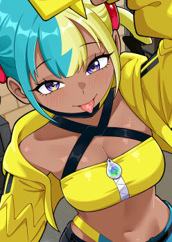 1girl absurdres aqua_hair bandeau black_mask blonde_hair blue_eyes breasts canari_(pokemon) cleavage criss-cross_straps dark-skinned_female dark_skin elpipe_3000 fake_hair_bun gen_4_pokemon hand_up highres jacket long_sleeves mask mask_pull medium_breasts mega_stone mouth_mask multicolored_hair navel nintendo pants pokemon pokemon_legends:_z-a rotom rotom_phone short_twintails solo split-color_hair tongue tongue_out twintails two-tone_mask two-tone_pants upper_body yellow_bandeau yellow_jacket yellow_mask