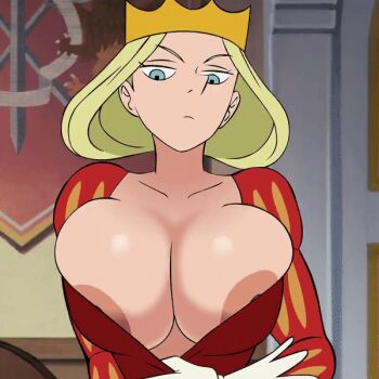 1girl animated animated_gif areola_slip blonde_hair blue_eyes bouncing_breasts breasts bursting_breasts castle clothes_pull collarbone crown divine_wine_(vampiranhya) dress elbow_gloves flag flashing gloves hilling_(ousama_ranking) huge_breasts indoors jitome large_breasts long_hair looking_at_viewer nipple_slip nipples no_bra ousama_ranking red_dress solo teasing
