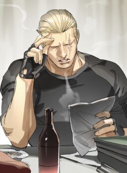 1boy bara black_gloves black_shirt blonde_hair bottle cigarette closed_eyes fingerless_gloves gloves holding holding_cigarette jack_krauser letter male_focus muscular muscular_male resident_evil resident_evil_4 resident_evil_4_(remake) scar scar_across_eye scar_on_face shirt short_hair solo tatsumi_(psmhbpiuczn)