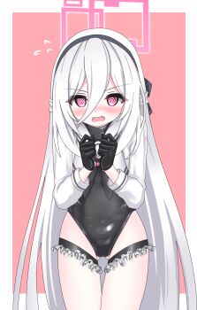 1girl @_@ black_hairband black_leotard black_neckerchief blue_archive blush cosplay cowboy_shot embarrassed flying_sweatdrops frilled_thigh_strap gluteal_fold hair_between_eyes hairband halo hand_on_own_hip hand_up highres kei_(blue_archive) langley1000 leotard loli long_hair long_sleeves looking_at_viewer neckerchief nose_blush open_mouth peanut_mouth pink_background pink_eyes pink_halo rectangular_halo revision shimiko_(blue_archive) shimiko_(blue_archive)_(cosplay) shimiko_(magical)_(blue_archive) shrug_(clothing) smile solo thigh_strap two-tone_background very_long_hair white_hair white_shrug