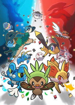 :&gt; :o bird biting blue_eyes blush bright_pupils chespin clauncher closed_mouth dot_nose fang fennekin fire fletchling flying froakie gen_6_pokemon gogoat grin helioptile highres horns inkay leaf legendary_pokemon nintendo no_humans nostrils official_art orange_eyes pancham pokemon pokemon_(creature) pokemon_focus pokemon_xy red_eyes sharp_teeth smile sparkle spewpa swirlix sylveon teeth third-party_source tongue tongue_out water white_pupils xerneas yoshida_hironobu yveltal