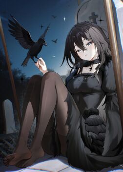 Rule 34 | 1girl, absurdres, bird, black eyes, black hair, crow, feet, goth fashion, graveyard, highres, light blush, long hair, looking at viewer, pantyhose, parted lips, radoremo, soles, toes, tombstone