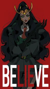 1girl absurdres animification black_hair closed_mouth commentary darlingdct3 english_commentary fake_horns gloves green_eyes highres horns lady_loki loki_(marvel) long_hair marvel marvel_rivals ponytail simple_background smile solo