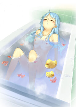 1girl bathing bathroom bathtub blue_hair blush breasts closed_eyes female_focus highres kannagi nagi nipples nude petals pua rubber_duck small_breasts solo