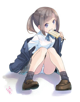 1girl absurdres ankle_socks artist_name blazer blue_bow blue_bowtie bow bowtie breasts brown_hair brown_shoes candy collared_shirt dated dot_nose food food_in_mouth full_body grey_socks highres holding holding_food holding_popsicle jacket knees_together_feet_apart loafers looking_at_viewer medium_breasts melting_popsicle open_mouth original panties pantyshot plaid_bow plaid_bowtie plaid_clothes plaid_skirt ponytail pop_(electromagneticwave) popsicle popsicle_in_mouth purple_eyes school_uniform shadow shirt shoes short_hair sidelocks signature simple_background sitting skirt socks solo teeth underwear undressing upper_teeth_only white_background white_panties white_shirt