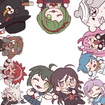 >_< 30en_(esx5g) 4boys 5girls ahoge antenna_hair armchair bad_id bad_twitter_id bandage_over_one_eye bandaid bandaid_on_cheek bandaid_on_face bear black_dress black_hat black_jacket black_serafuku black_shirt black_skirt black_sleeves black_socks black_vest blue_jacket blue_sailor_collar blue_shirt blue_skirt blue_sleeves blue_socks blush_stickers bow bowler_hat bowtie brooch brown_scarf buttons chair chibi cigarette closed_mouth collar collared_dress collared_jacket collared_shirt commentary_request cross-laced_jacket crossed_bandaids daimon_masaru_(danganronpa) danganronpa_(series) danganronpa_another_episode:_ultra_despair_girls double-breasted dress everyone eyelashes eyepatch fake_horns flat_color formal_clothes frilled_collar frilled_sleeves frills frown fukawa_toko furrowed_brow green_eyes green_hair grey_eyes grey_shirt grey_sleeves hagakure_hiroko hair_ears hair_ornament hairband hairclip hat hat_feather headphones heart heart_print high_collar highres holding holding_cigarette holding_hands holding_megaphone holding_weapon horn_bow horn_hairband horn_ornament horns jacket jersey jewelry kemuri_jataro kneehighs komaeda_nagito kurokuma_(danganronpa) layered_sleeves long_hair long_skirt looking_at_another looking_at_viewer mask medium_hair megaphone messy_hair miniskirt mole mole_under_mouth multiple_boys multiple_girls naegi_komaru neckerchief necktie on_chair one_eye_closed open_clothes open_jacket open_mouth orange_necktie pants patchwork_clothes pink_bow pink_hairband pink_horns pleated_skirt pocket purple_eyes purple_hair red_bow red_bowtie red_hair red_neckerchief sailor_collar scarf school_uniform serafuku shingetsu_nagisa shirokuma_(danganronpa) shirt short_hair short_sleeves simple_background sitting skirt skirt_set sleeves_past_fingers sleeves_past_wrists smile socks spiked_hair straight_hair suit taser towa_monaca twintails upside-down utsugi_kotoko v-shaped_eyebrows very_long_hair vest wavy_mouth weapon white_background white_bow white_collar white_jacket white_pants white_sailor_collar white_shirt white_sleeves white_suit white_vest