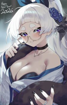 1girl 2026 arched_bangs black_bow black_bra black_choker black_nails blue_flower blue_rose blush bow bra breasts choker cleavage commentary english_text fingernails floral_print floral_print_kimono flower glasses grin hair_bow hair_ornament hands_up happy_new_year highres japanese_clothes jewelry kanzashi kimono large_breasts long_hair looking_at_viewer meg_(wakamepiza) nail_polish necklace nengajou new_year original ponytail print_kimono purple_eyes ring rose round_eyewear short_eyebrows smile solo strapless strapless_bra thick_eyebrows underwear upper_body wakamepiza white-framed_eyewear white_hair white_kimono