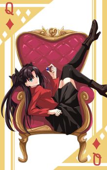 1girl andychen662000 black_hair black_leggings black_skirt blue_eyes blue_gemstone boots bow breasts brown_boots card chair fate/stay_night fate_(series) gem hair_bow highres leggings long_hair medium_breasts on_chair playing_card pleated_skirt queen_(playing_card) red_shirt shirt skirt smile solo thighhighs tohsaka_rin twintails zettai_ryouiki
