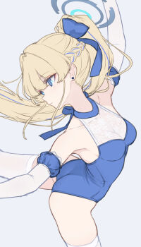 1girl alternate_costume alternate_hairstyle ass ballerina blonde_hair blue_archive blue_eyes blue_leotard blue_ribbon breasts cleavage collarbone dan_(kumadan) elbow_gloves gloves halo heattech_leotard highres leotard long_hair looking_to_the_side ribbon skindentation small_breasts solo standing thighhighs toki_(blue_archive) turtleneck unfinished very_long_hair white_gloves white_thighhighs
