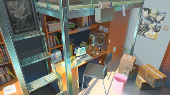 absurdres bed book bottle bowl box chair chinese_commentary chinese_text clock commentary_request computer cup desk digital_clock flower highres katekyo_hitman_reborn! lamp laptop no_humans original pencil pillow plant poster_(object) red_flower sandals scenery scissors shade shelf stairs sunlight switch trash_can vase xingzhi_lv