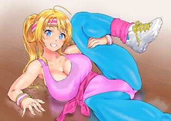 Rule 34 | 1girl, blonde hair, blue eyes, blush, breasts, cleavage, dokiyuri, grin, hachimiya meguru, idolmaster, idolmaster shiny colors, long hair, ponytail, smile, solo, sweat, teeth, tennis