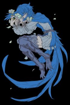 1girl bird_girl bird_legs bird_tail bird_wings black_background blue_capelet blue_hair capelet closed_eyes colored_eyelashes commentary_request covered_mouth dress final_fantasy final_fantasy_xiv grey_dress head_wings highres holding korean_commentary lying meteion on_side short_hair simple_background solo stonekeeper002 tail wings