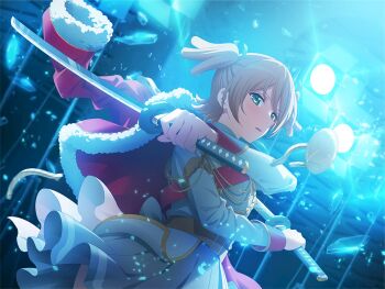 1girl brown_hair daiba_nana dual_wielding fur-trimmed_jacket fur_trim game_cg glass_shards grey_skirt holding holding_sword holding_weapon jacket jacket_on_shoulders katana long_sleeves looking_at_viewer official_art parted_lips red_jacket red_sash sash short_hair short_twintails shoujo_kageki_revue_starlight shoujo_kageki_revue_starlight_-re_live- skirt solo stage_lights sword twintails upper_body v-shaped_eyebrows weapon white_jacket