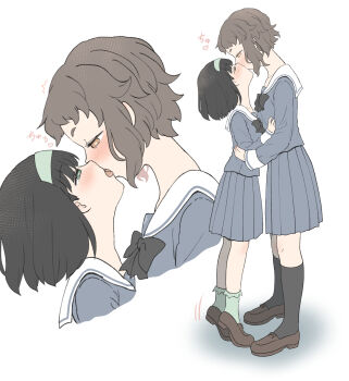 2girls absurdres black_bow black_bowtie black_hair black_socks blue_serafuku blue_shirt blue_skirt blush bow bowtie brown_eyes brown_hair brown_shoes commentary_request french_kiss green_hairband green_socks hairband highres kiss kneehighs kurosawa_karura multiple_girls original pleated_skirt sailor_collar school_uniform serafuku shirt shoes simple_background skirt socks tiptoes tongue tongue_out white_background white_sailor_collar yuri