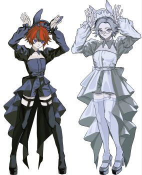 2boys :c animal_ears aotsuki_eito belt black_belt black_collar black_shorts black_sleeves black_streaks black_thighhighs black_vs_white bonnet collar crossdressing crossdressing_(mtf) detached_collar frilled_bonnet frilled_sleeves frills glasses grey_hair high_heels highres legwear_garter looking_at_viewer makeneko male_focus mary_janes multiple_boys pectoral_cleavage pectorals puffy_sleeves purple_eyes rabbit_ears rabbit_pose red_hair semi-rimless_eyewear shoes shorts smile sumino_takumi the_hundred_line_-last_defense_academy- thighhighs white_collar white_shorts white_sleeves white_thighhighs