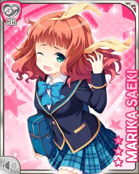 1girl bag blue_bow blue_jacket bow button character_name girlfriend_(kari) green_eyes hair_bow holding jacket medium_hair morning official_art one_eye_closed open_mouth pink_background plaid_clothes plaid_skirt qp:flapper red_hair ribbon running saeki_marika school_uniform shirt skirt tagme tired wavy_hair white_shirt yellow_ribbon