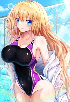 absurdres black_one-piece_swimsuit blonde_hair blue_eyes breasts chain-link_fence commentary_request competition_swimsuit covered_navel cowboy_shot fate/grand_order fate_(series) fence highleg highleg_one-piece_swimsuit highres ilsa34660285 jacket jacket_partially_removed jeanne_d'arc_(fate) large_breasts lens_flare long_hair one-piece_swimsuit swimsuit two-tone_swimsuit wet wet_clothes wet_swimsuit white_jacket