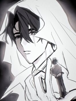 1boy cloak coat commentary_request curtained_hair hair_between_eyes hand_up heterochromia hood hood_up hooded_cloak in_palm jpqaa5 kim_dokja korean_commentary looking_at_another male_focus midriff mini_person miniboy oldest_dream omniscient_reader&#039;s_viewpoint open_clothes open_coat popped_collar scar scar_across_eye scar_on_face secretive_plotter short_hair size_difference wind yoo_joonghyuk