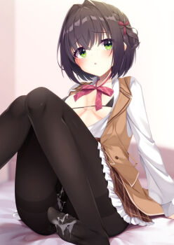 1girl after_footjob aria_(koiiroharemoyou) arm_at_side bikini bikini_under_clothes black_bikini black_hair black_pantyhose blush bow bowtie braid breasts breasts_apart breasts_out brown_skirt brown_vest collared_shirt commentary_request cum cum_on_body cum_on_feet cum_on_legs eyes_visible_through_hair feet foot_out_of_frame frilled_skirt frills furrowed_brow green_eyes hair_between_eyes hair_bow hair_intakes indoors legs limelight_lemonade_jam looking_at_viewer medium_breasts medium_hair micro_bikini miniskirt mole mole_under_eye nabari_anju no_shoes on_bed one_side_up open_clothes open_mouth open_shirt open_vest pantyhose plaid_bow plaid_bowtie plaid_clothes plaid_skirt red_bow red_bowtie school_uniform shirt side_braid sitting skirt soles solo swimsuit thighband_pantyhose thighs toes upturned_eyes vest white_shirt