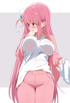 1girl absurdres annrichan blue_eyes blush bocchi_the_rock! breasts cowboy_shot cube_hair_ornament embarrassed gotoh_hitori hair_ornament highres jacket large_breasts no_bra one_side_up pants pink_hair shirt solo sweat towel track_jacket track_pants track_suit wet wet_clothes white_shirt